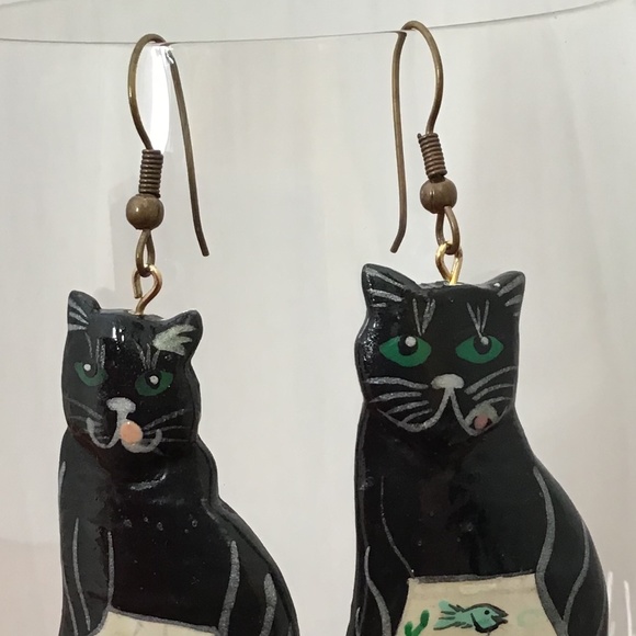 Vintage Cat Earrings Hand Painted Wood Feline Kitty - Picture 11 of 13
